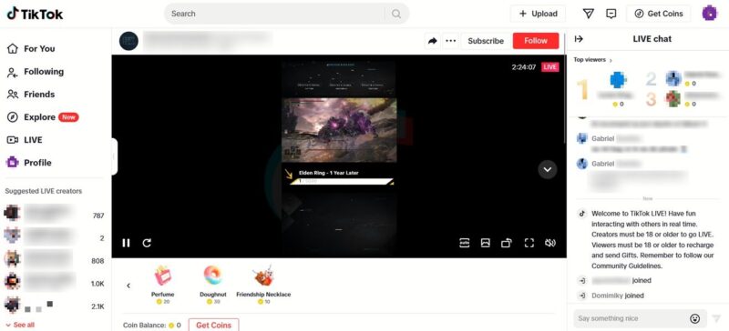 Viewing LIVE stream in TikTok on PC.