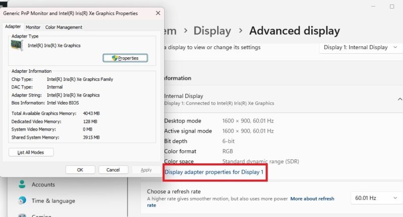 Adjusting Display adapter properties in Settings.