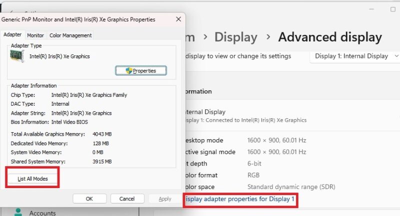 List all modes in the Advanced display settings of the display adapter.