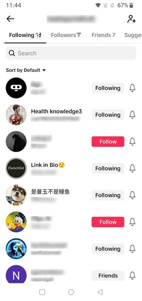 Tap on Following button to unfollow accounts in TikTok app.