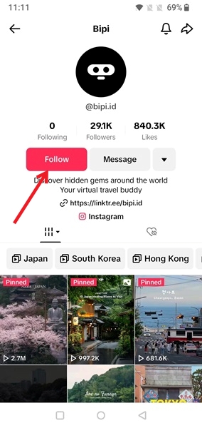 Following an account via their profile page in TikTok app.