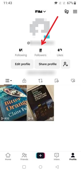 Tapping on Followers option on TikTok profile in app.