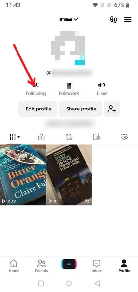 Tap on Following on your TikTok profile page.