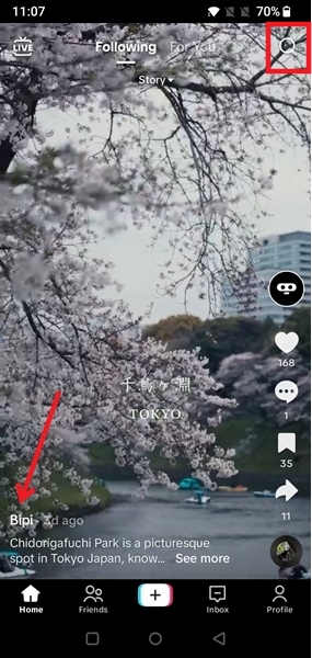 Tapping on account name in TikTok app Following feed.