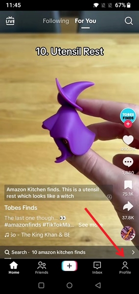 Tapping on Profile icon in TikTok app.