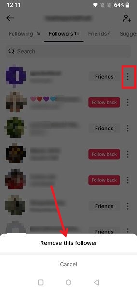 Tapping on "Remove this follower" option in TikTok app.