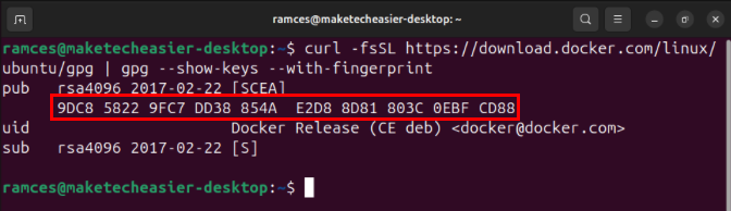 A terminal highlighting the Docker CE signing key fingerprint.