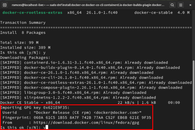 A terminal highlighting the key verfication prompt in Fedora.