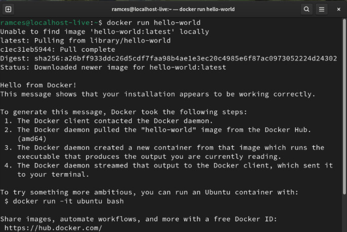 A terminal showing the hello-world container in Fedora Linux.