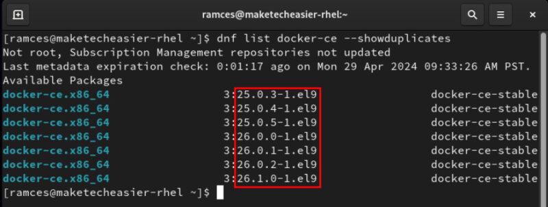 A terminal highlighting the different versions of Docker available in RHEL.
