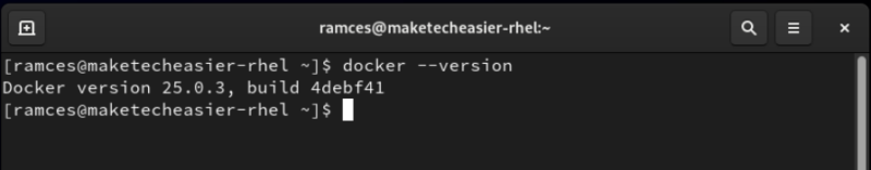A terminal showing the downgraded version of Docker running in RHEL.