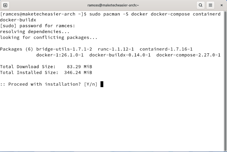 A terminal showing the installation prompt for Docker in Arch Linux.