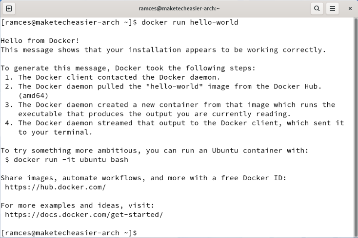 A terminal showing the hello-world Docker container running in Arch Linux.