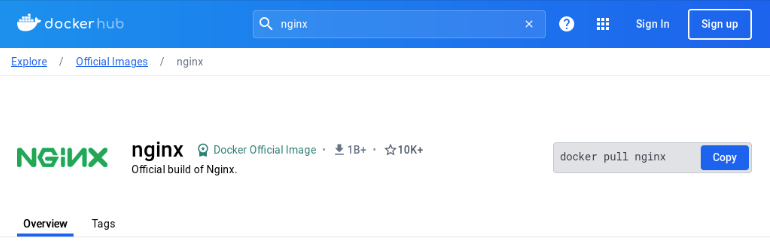 A screenshot of the Docker image page for Nginx.