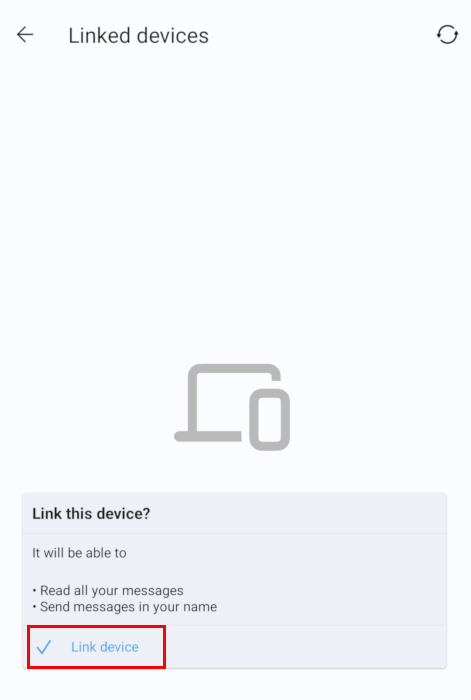 A screenshot highlighting the "Link device" button once the mobile app finds the desktop.