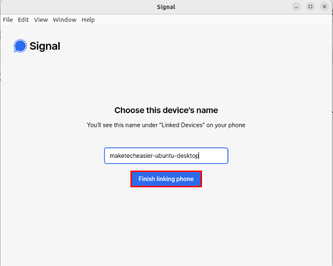 A screenshot showing the prompt for the new linked device name.