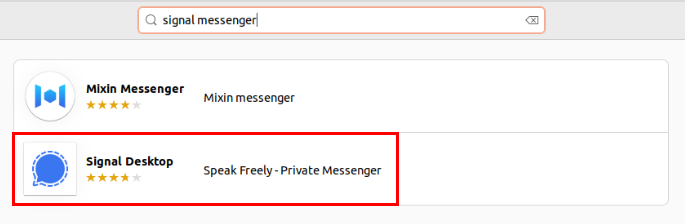 A screenshot highlighting the Signal Desktop client on the Ubuntu Store's search prompt.