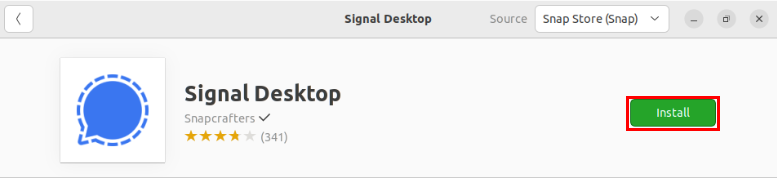 A screenshot showing the Install button on the Signal Desktop app's Ubuntu Store page.