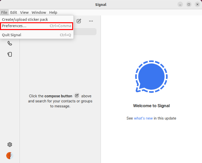 A screenshot showing the location of the Preferences menu item on the Signal Desktop window.