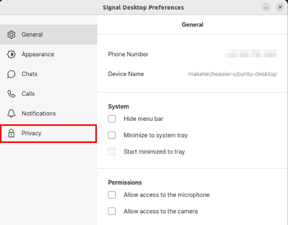 A screenshot highlighting the "Privacy" category on the Signal Desktop app's preferences window.