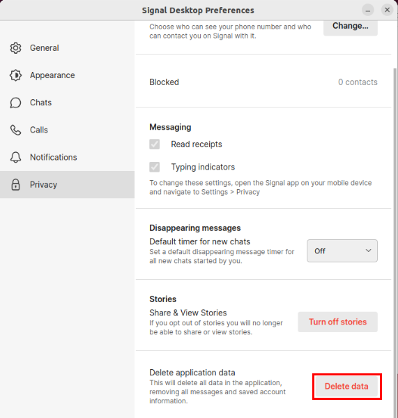 A screenshot showing the location of the "Delete data" button under the Privacy category.