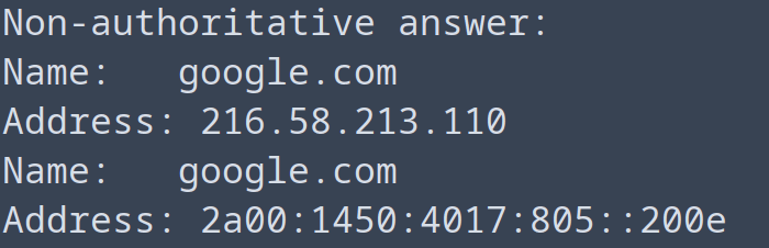 The IPv6 address of Google's edge server from an NS Lookup query.