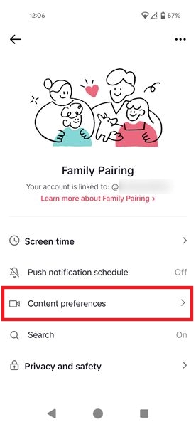 Accessible options from child account are under "Content preferences" in TikTok app.