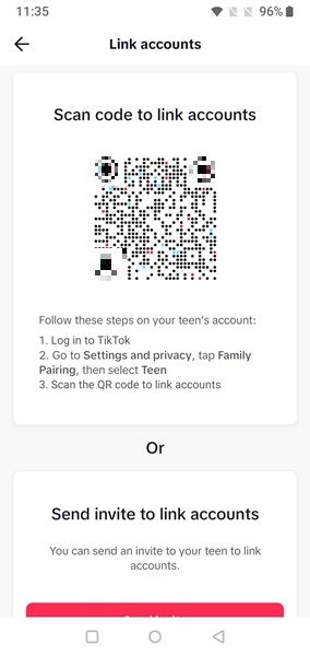 Options to invite child account in TikTok app.