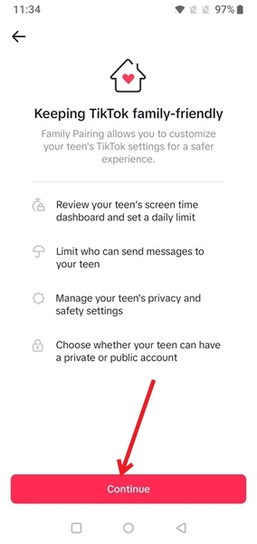 Pressing Continue button to kick start TikTok family paring process.