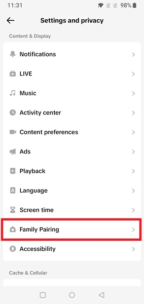 Tapping on Family Paring option in TikTok app Settings. 