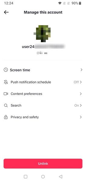 Managing account via TikTok Family Paring on parent device.