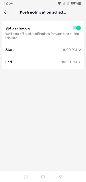 Setting up a notification schedule in TikTok app from parental account.