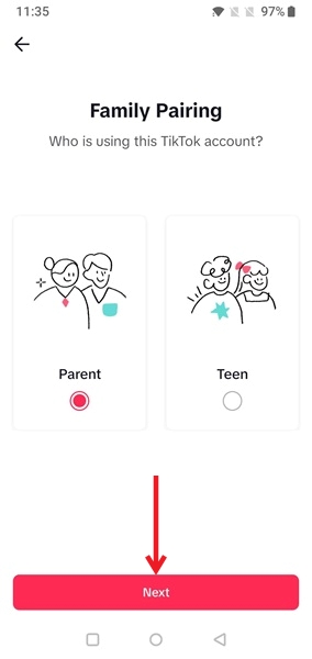 Selecting "Parent" option in Family Pairing in TikTok app.