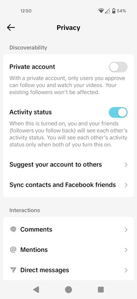 Privacy options viewed from child device in TikTok app.