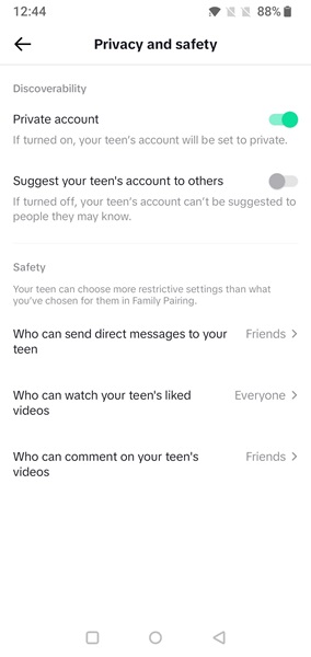 Privacy & safety features visible in parental dashboard in TikTok app.