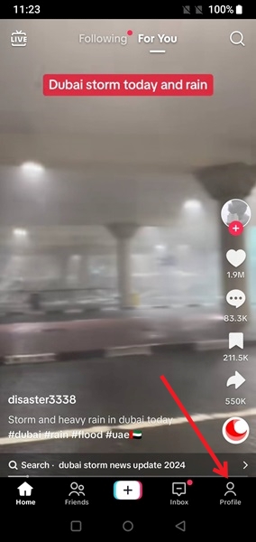 Tapping on Profile tab in TikTok app from feed,