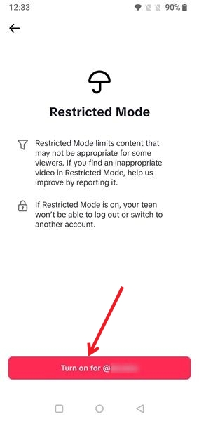 Activating Restricted Mode for child account in TikTok app. 