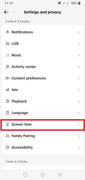 Tapping on "Screen time" in TikTok app Settings.