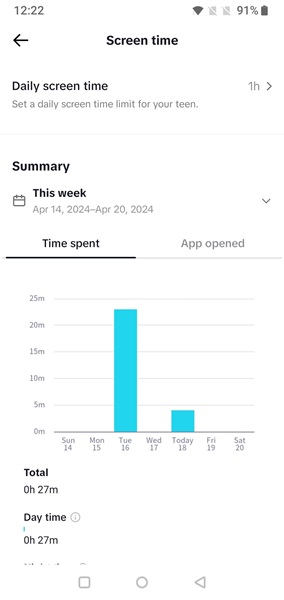 Setting daily screen time for child account in TikTok app. 