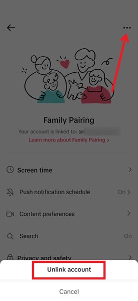 Tapping on "Unlink account" option on child device in TikTok app. 