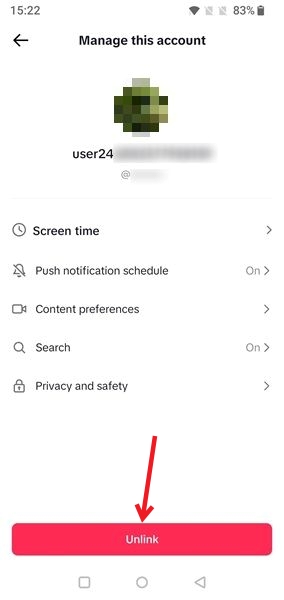Pressing "Unlink" button from parental account on TikTok.
