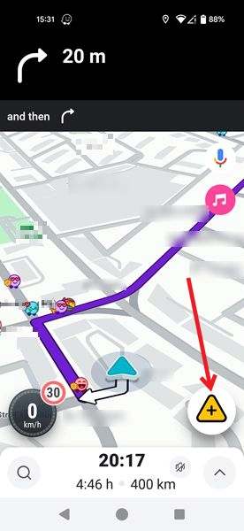 Clicking on yellow triangle with + sign in Waze app.