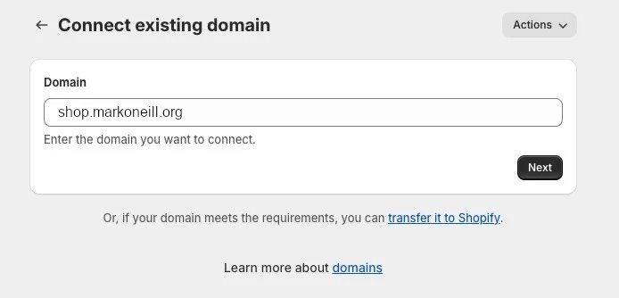 Shopify Connect Subdomain