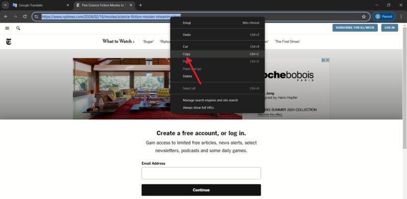 Copying website URL in Chrome browser.