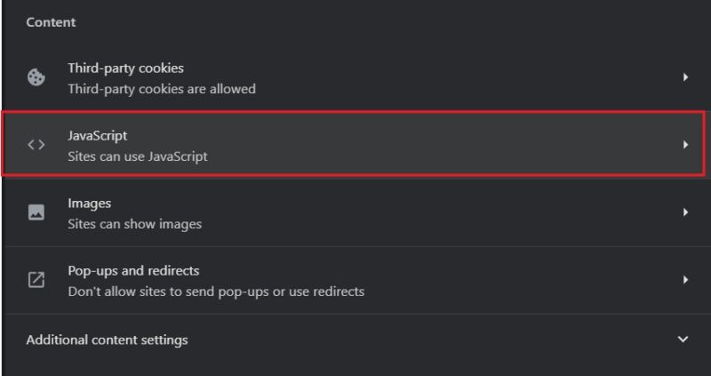 Clicking on Javascript under Content in Chrome browser.