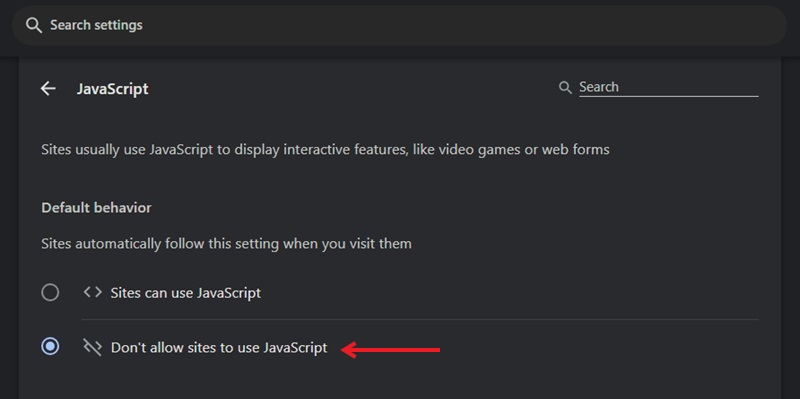 Ticking "Don't allow sites to use Javascript" in Chrome browser.