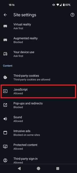 Disabling JavaScript in Chrome settings for Android.