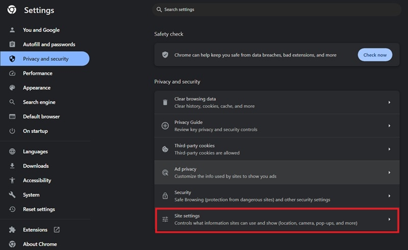 Click on "Site settings" in "Privacy and security" in Chrome browser.