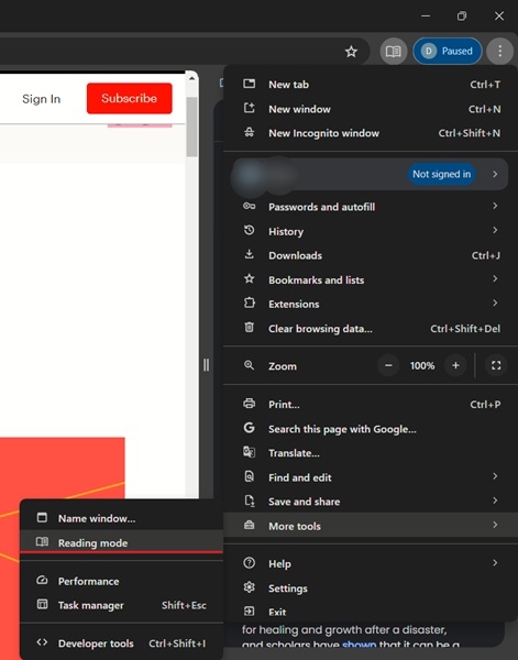 Activating Reading mode in Chrome from More tools.
