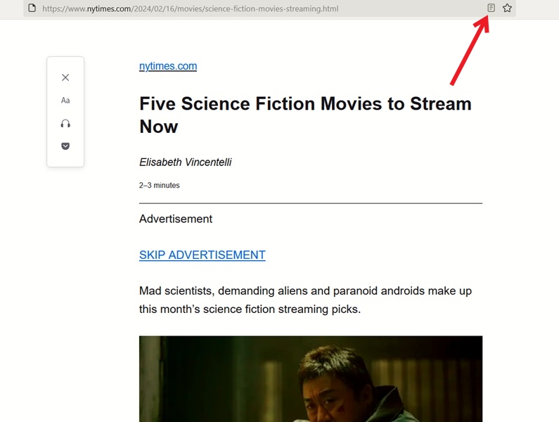 Activating Reader view in Firefox browser.